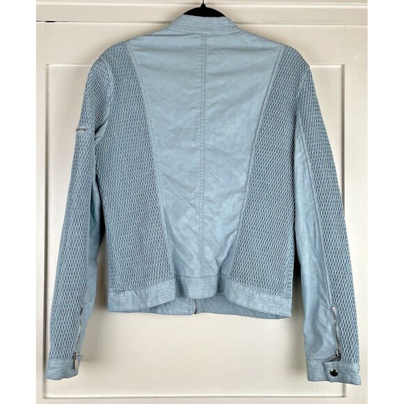Faux Leather Moto Jacket Women's Medium Sky Blue by First Line Collar Pockets - Picture 2 of 16